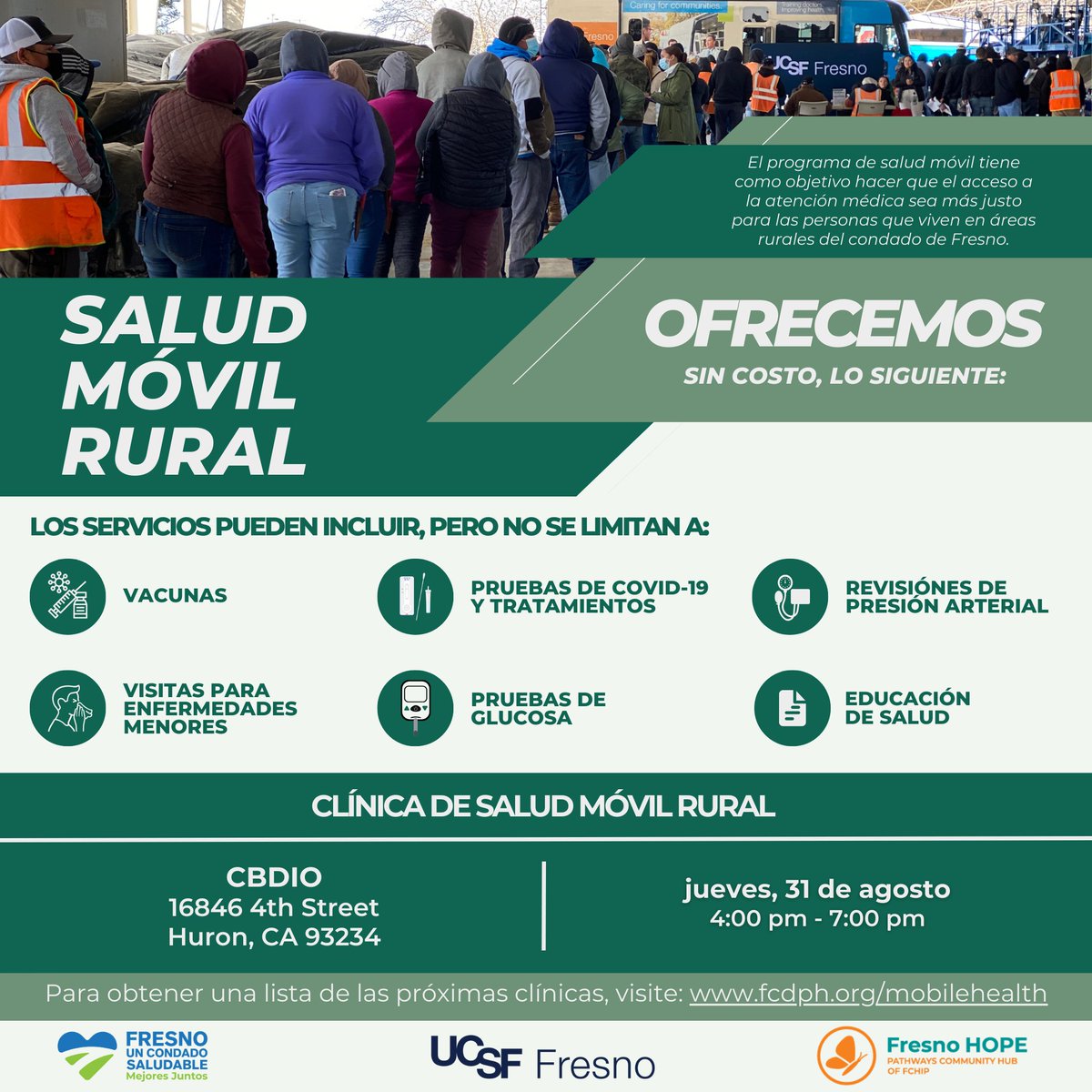 UCSF Fresno is partnering with CBDIO to host a Rural Mobile Health Event in Huron today from 4:00 pm - 7:00 pm.

For a list of upcoming clinics, visit: fcdph.org/mobilehealth

#HealthyFresnoCounty #RuralMobileHealth
