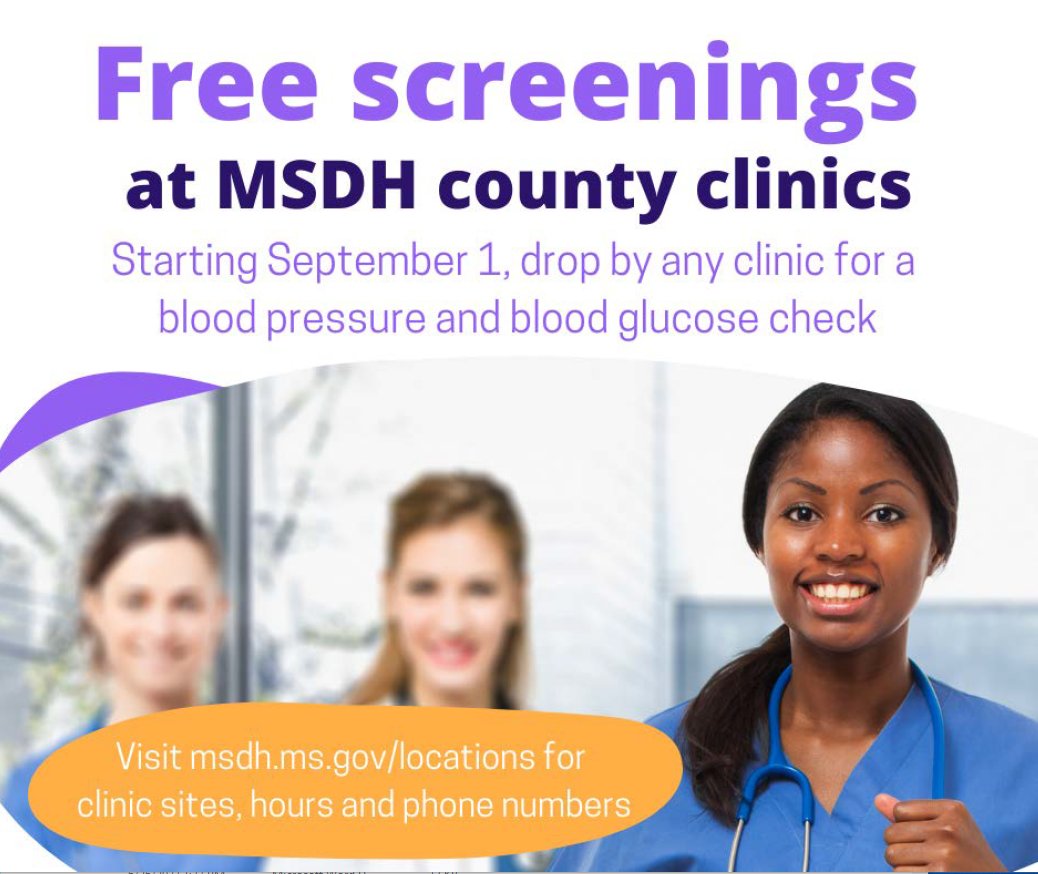 The Mississippi State Department of Health is taking action to combat chronic disease in the state by offering free blood sugar and blood pressure checks at all clinics beginning September 1. Visit msdh.ms.gov/locations for clinic sites, hours and phone numbers.
