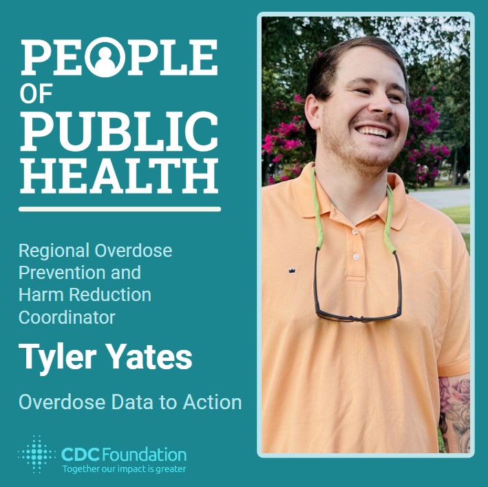 CDCFound's tweet photo. Tyler Yates, an overdose prevention &amp; harm reduction coordinator stationed with @NCDHHS, helps communities implement strategies to reduce overdoses and provide help to people who use drugs. Read about it: https://t.co/TiKIIGvrrw #OverdoseAwarenessDay https://t.co/QRpdCkMH7Z
