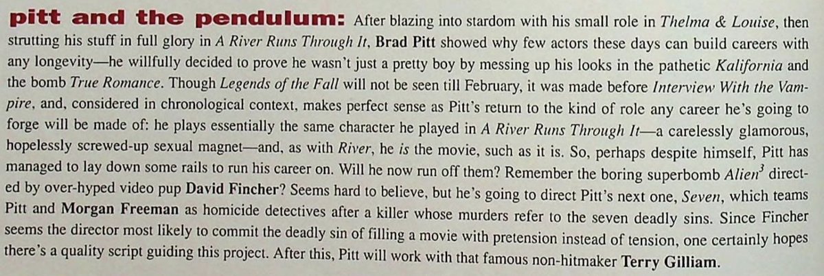 This 1995 Movieline item about Brad Pitt’s then-current career trajectory is an all-timer.