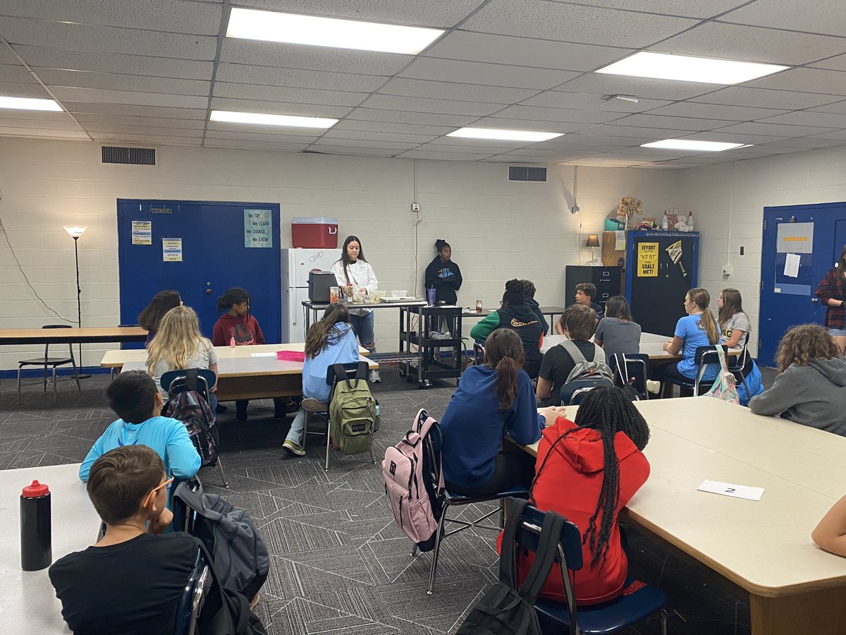KPMisenheimer's tweet photo. Guest chef Allie prepared a healthier alternative snack for our @ErwinMiddle Eagles in @taram1970’s class! Great experiences and samples for all! @EastRowanHS @RSS_CTE https://t.co/LHQTIbmmqF