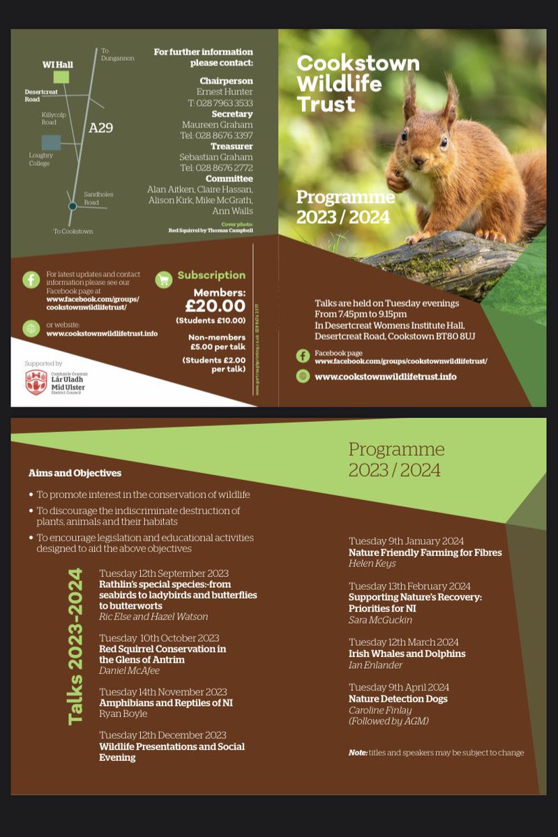 The 2023/24 Cookstown Wildlife Trust programme of lectures may be of interest to students considering a career in biology/conservation/ecology. A concession fee is available to students.