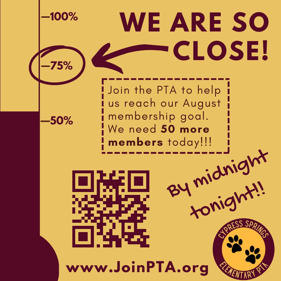 We have a big ask today families! We have 50 more members that need to register at JoinPTA.org to meet the our Texas PTA goal of 75% of last year's membership. Can we do it?!?!? We'll keep updating throughout the day as we get closer to our goal! #CSESPower