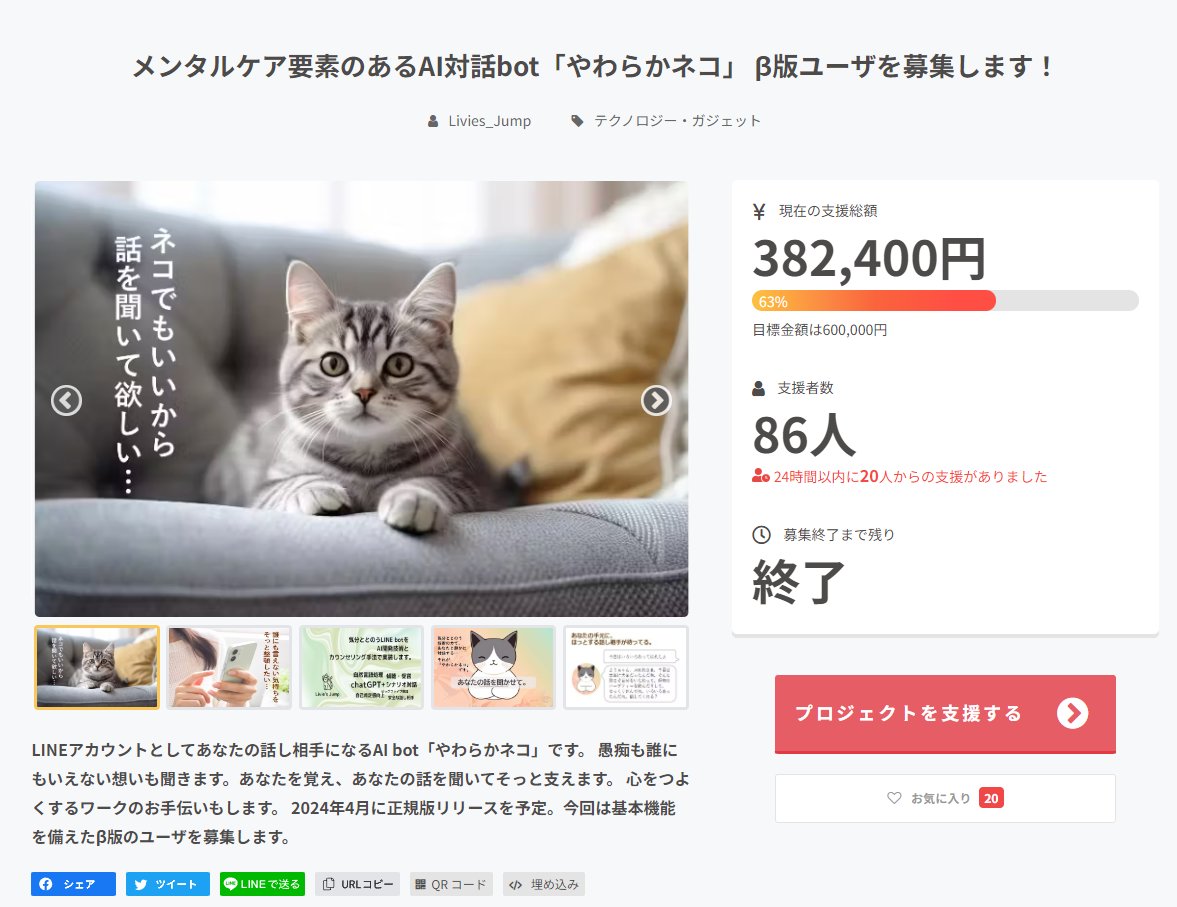 LiviesJump's tweet photo. 「やわらかネコ」β版ユーザ募集のクラウドファンディング、締切りました。初挑戦ながら、おかげさまで63％達成！ご支援、応援シェア、誠にありがとうございました！ラスト1週間の伸びが感激でした。半年間、β版をユーザの皆様のフィードバックを活かして磨いてまいります。
https://t.co/l8NZEW6Kaa https://t.co/45pD5spbiM