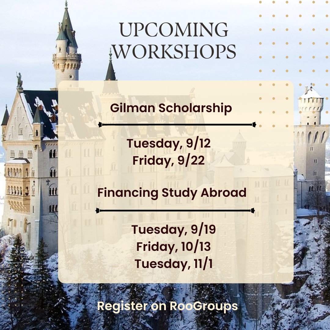 UMKCstudyabroad's tweet photo. @UMKCstudyabroad is hosting several workshops over the next few weeks to educate students on their financial options and scholarship opportunities. Join us to get a head start on funding your program!

Register on RooGroups🦘 https://t.co/9dtT8dSYyN