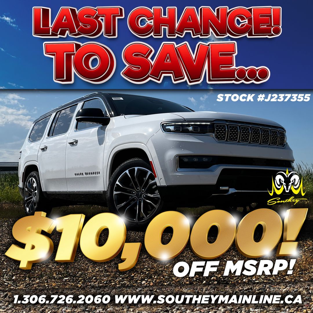 SoutheyMainline's tweet photo. We still have ONE new 2023 Jeep Grand Wagoneer and TODAY is your last chance to save a massive $10,000! The Jeep Grand Wagoneer is the perfect family vehicle, especially with hockey season right around the corner!

Call 1 (306) 726-2060

#SoutheyKingOfTrucks #ALWAYSWorthTheDrive https://t.co/TimKzmHAqg