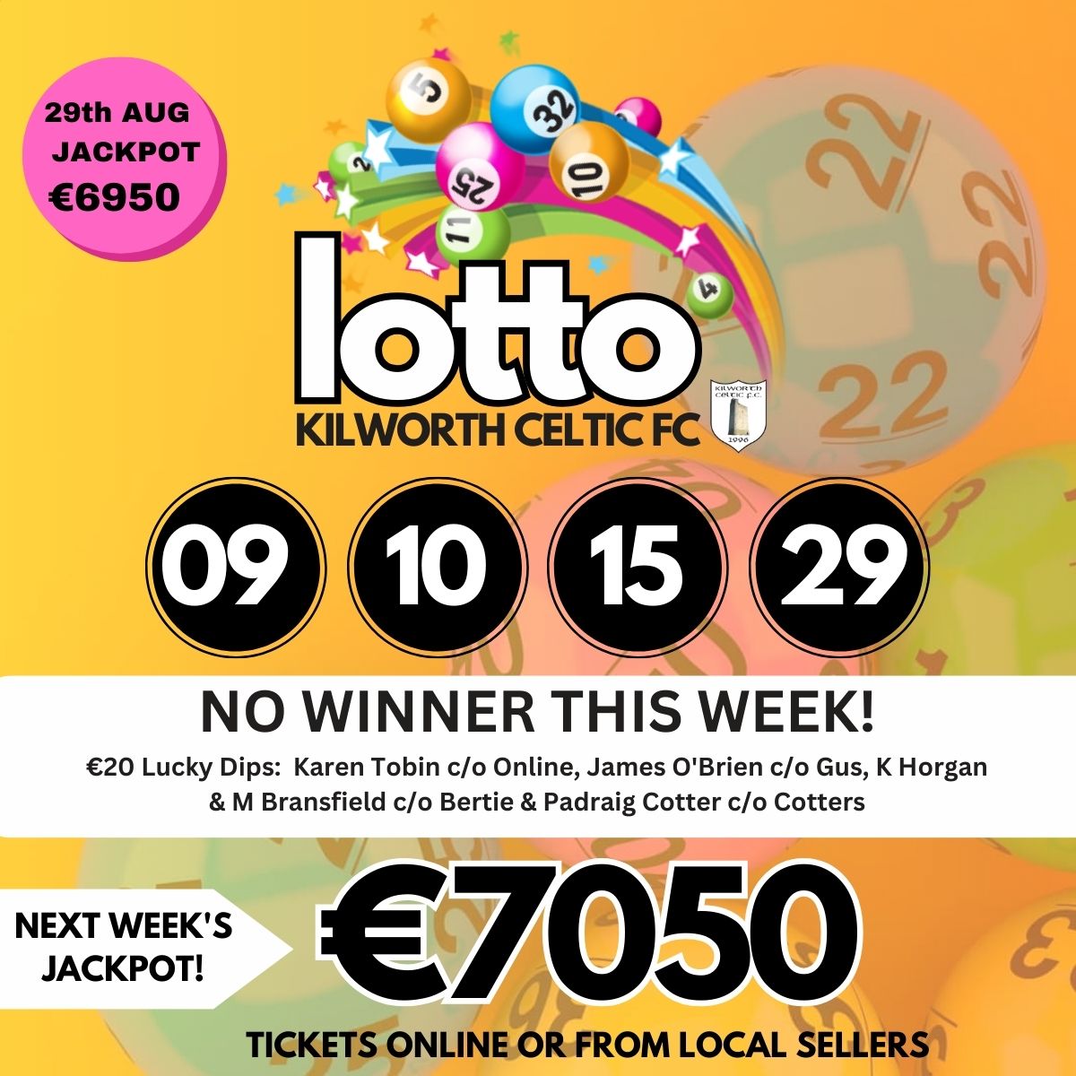 KilworthCeltic's tweet photo. 09 | 10 | 15 | 29 NO WINNER
€20 Lucky Dips:  K Tobin c/o Online, J O'Brien c/o Gus, K Horgan &amp; M Bransfield c/o Bertie &amp; P Cotter c/o Cotters

Get your entries in for our next draw! Play online: https://t.co/tr72RRY9Rh https://t.co/ZCzeYafWbD