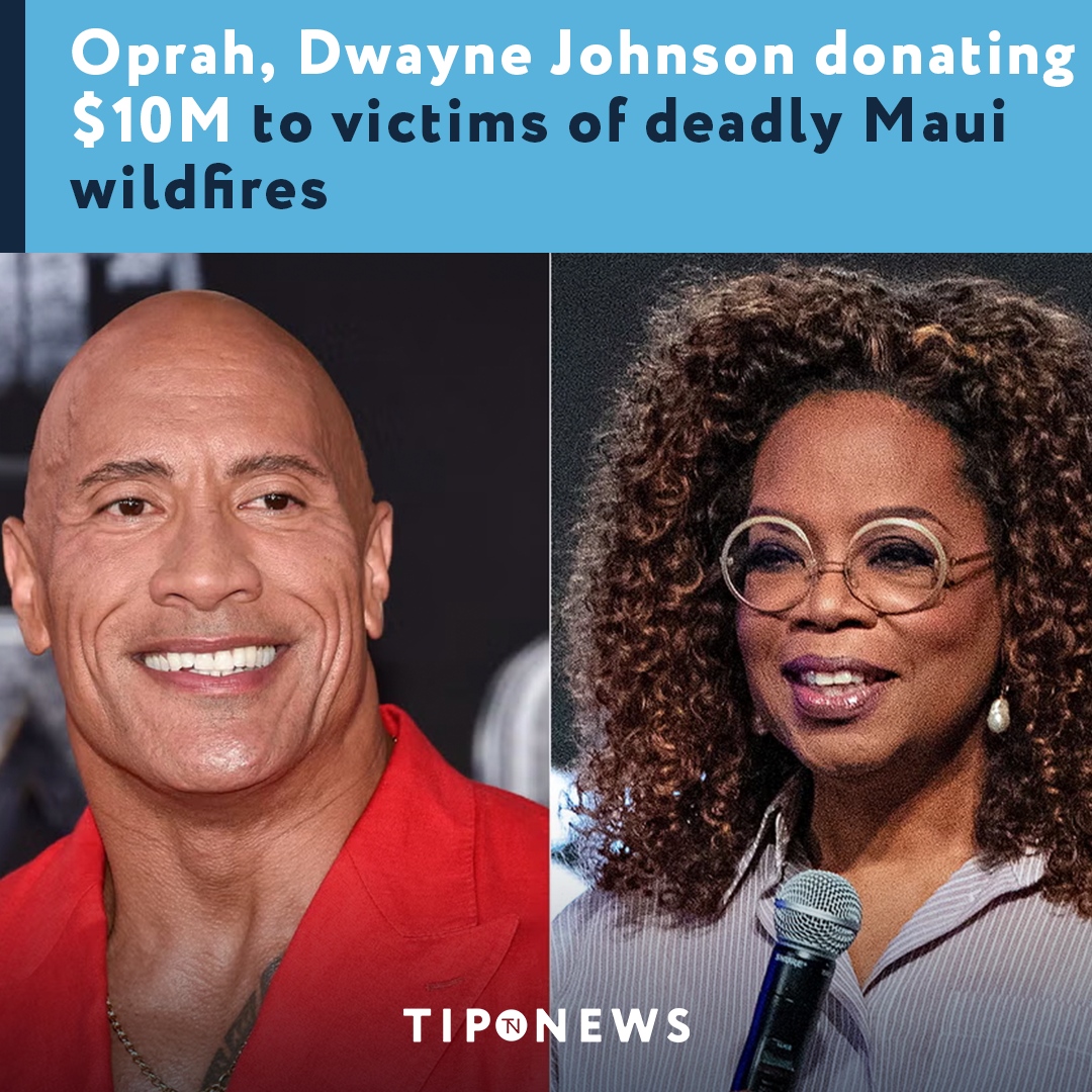 TipNewsBrief's tweet photo. Oprah Winfrey and Dwayne Johnson have launched the People's Fund of Maui with a $10 million donation to assist survivors of the Aug. 8 wildfires in Lahaina and Upcountry. The fund aims to provide $1,200 per month to every adult who was displaced by the wildfires.⁠ https://t.co/DdmnHJWFSS