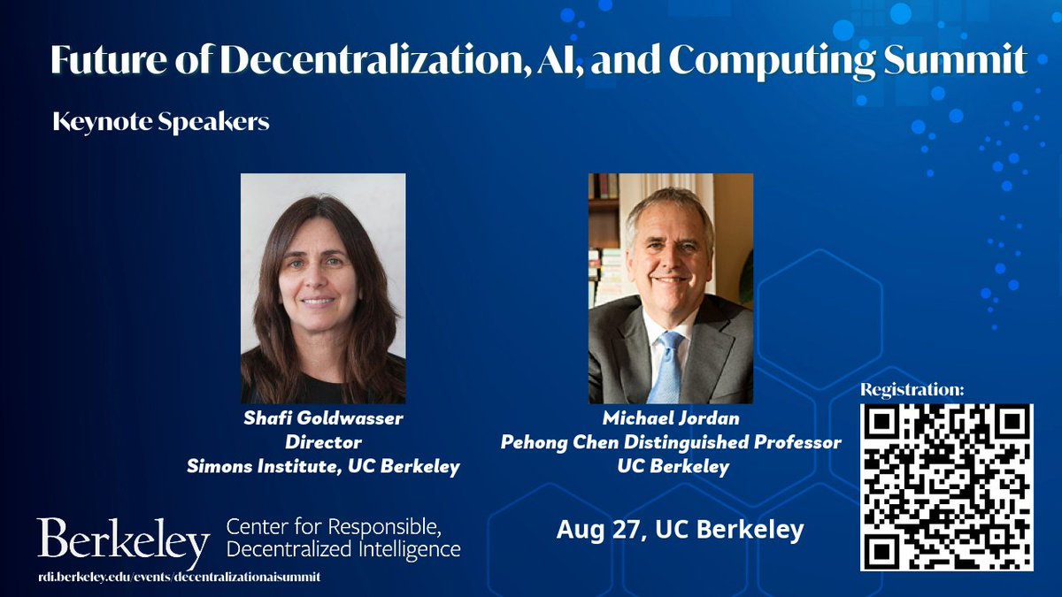Dawn Song (@dawnsongtweets) on Twitter photo Huge thanks to ~1K in-person attendees & 4K+ who joined livestream to our Future of Decentralization, AI & Computing Summit, hosted by <a href="/BerkeleyRDI/">UC Berkeley RDI</a>!
Check out full program slides&videos including keynotes from Shafi Goldwasser Michael Jordan <a href="/berkeley_ai/">Berkeley AI Research</a>: rdi.berkeley.edu/events/decentr… Huge thanks to ~1K in-person attendees & 4K+ who joined livestream to our Future of Decentralization, AI & Computing Summit, hosted by <a href="/BerkeleyRDI/">UC Berkeley RDI</a>!
Check out full program slides&videos including keynotes from Shafi Goldwasser Michael Jordan <a href="/berkeley_ai/">Berkeley AI Research</a>: rdi.berkeley.edu/events/decentr…