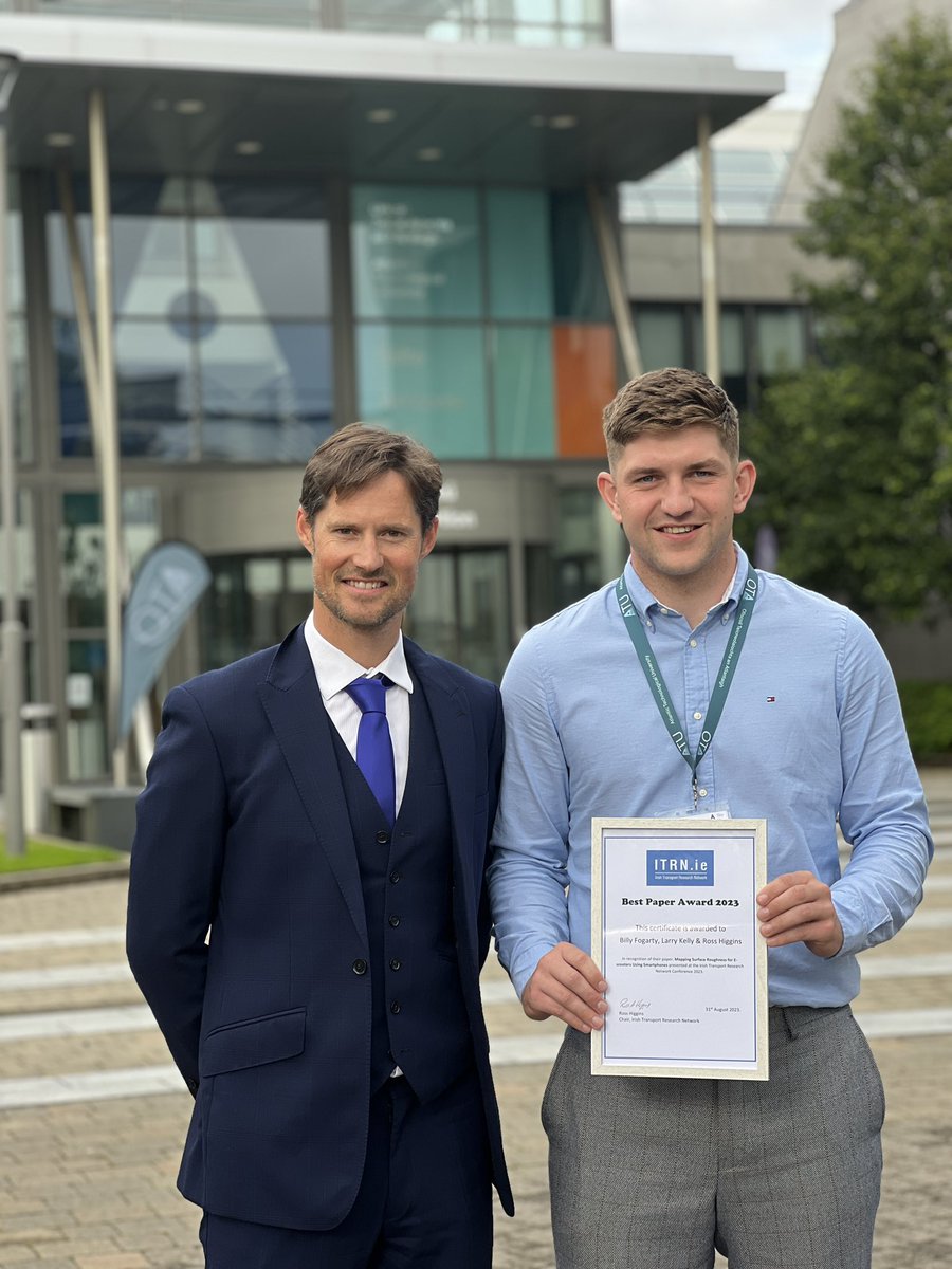 Congratulations to Billy Fogarty, Larry Kelly and <a href="/RossAEHiggins/">Ross Higgins</a> from <a href="/UL/">University Of Limerick</a> on winning the Best Paper Award at #ITRN2023 for their paper on “Mapping Surface Roughness for Escooters using smartphones”.