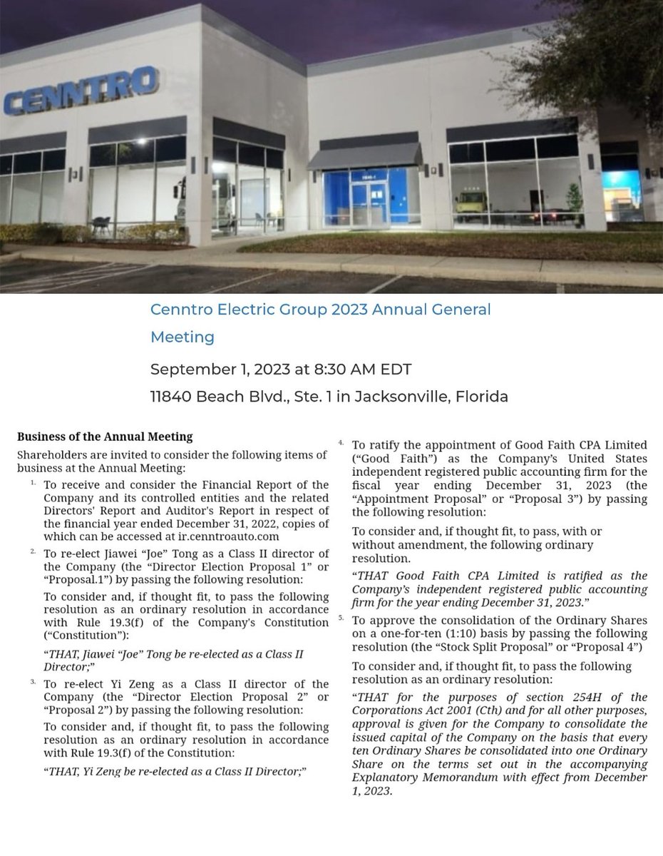 _X_Alex_'s tweet image. #CENNTRO $CENN
#ELECTRICVEHICLE #EV
-
ir.cenntroauto.com/events/event-d…
-
ir.cenntroauto.com/node/8346/html
-
Annual general meeting
September 1, 2023
8:30 a.m. Eastern Time
11840 Beach Blvd Jacksonville, Florida