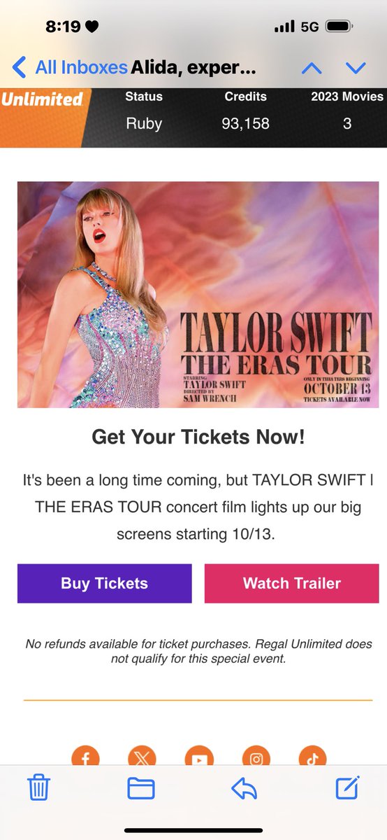 MrsRoberts702's tweet photo. Thank you @taylorswift13 and @RegalMovies for doing this. Just another reason to get dressed up in our favorite TS Eras outfit. I just bought 22 tickets for my daughter’s and their friends. 
#TSTheErasTourFilm #TaylorNation #Swifties https://t.co/tpRXi2aea5