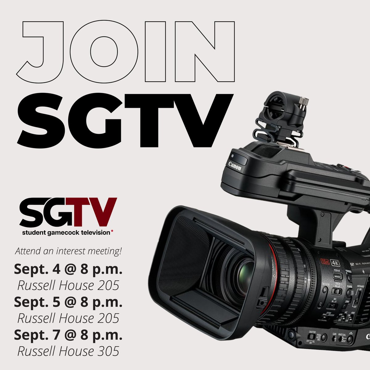 Do you have a passion for filmmaking, producing, anchoring, news, sports, entertainment, tech or live sketch comedy? 

If so you might be interested in joining USC’s student-run TV station, SGTV! 

Come join us at one of our interest meetings to learn more ↴