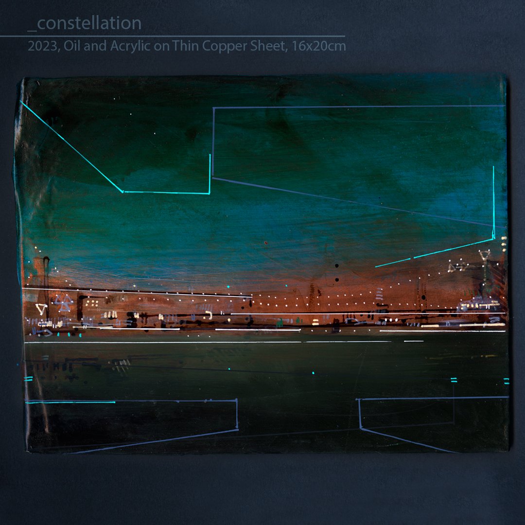 FarrellartVR's tweet image. Inspired by the #brueghel copper paintings in the @nationalgallery and ancient tablets @britishmuseum. I really like its irregular shape. Constellation Oil on copper, 16x20cm. 
#copperpainting #painting #art #contemporaryart #london #christopherfarrell #ancientstonetablets