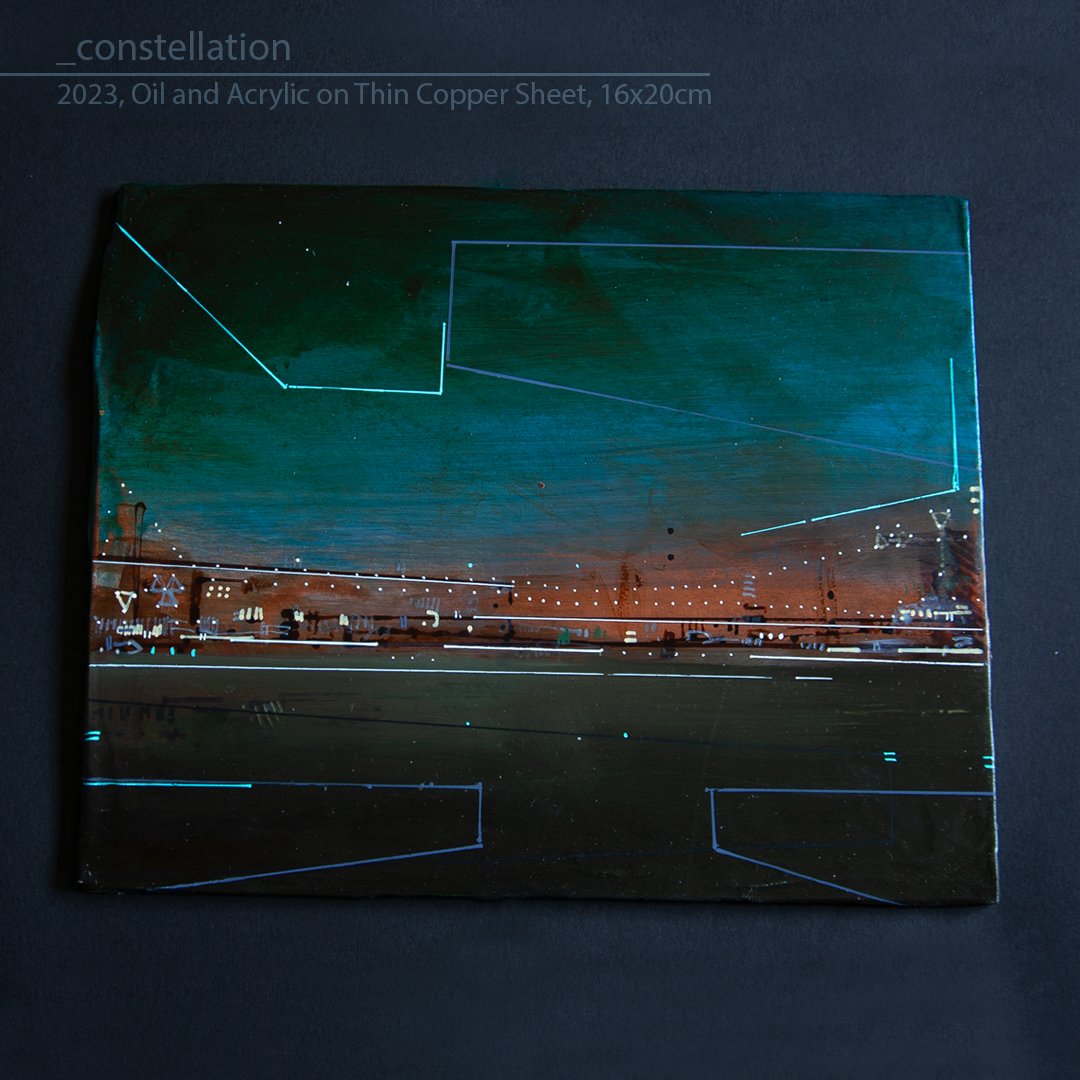 FarrellartVR's tweet image. Inspired by the #brueghel copper paintings in the @nationalgallery and ancient tablets @britishmuseum. I really like its irregular shape. Constellation Oil on copper, 16x20cm. 
#copperpainting #painting #art #contemporaryart #london #christopherfarrell #ancientstonetablets