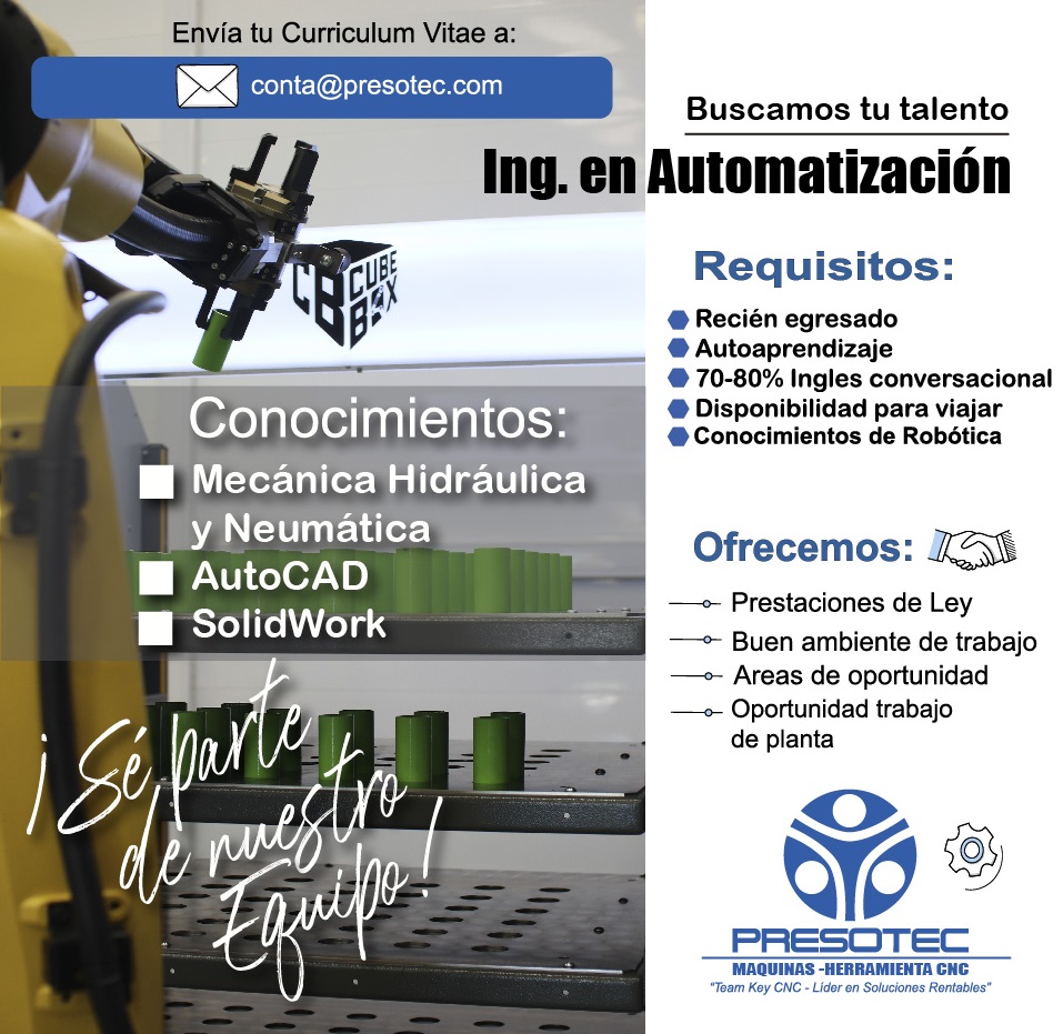 presotec's tweet photo. Estamos en crecimiento y buscamos talento como el tuyo
Tenemos vacante como Ing. en Automatización
Depto. de Soporte Técnico
¡Ven y forma parte de nuestro equipo!
Envía CV a: conta@presotec.com
Solamente se revisarán los CV recibidos en éste correo.
¡Gracias!
#presotec https://t.co/NGgNm6fgqZ