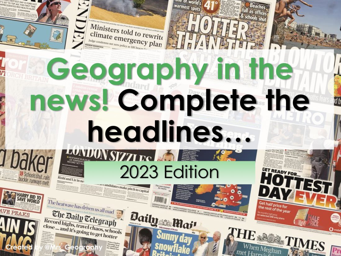 Mrs_Geography's tweet photo. How much attention have your geographers paid to the news over the summer…

Here’s a 🆓 35 question ‘complete the headline quiz’ to get them back into a #geography mindset &amp; ready to embark on their 2023-2024 academic year 

https://t.co/4WjNDKYNeL

#teacher #geographerteacher https://t.co/0ZP3iikGy0