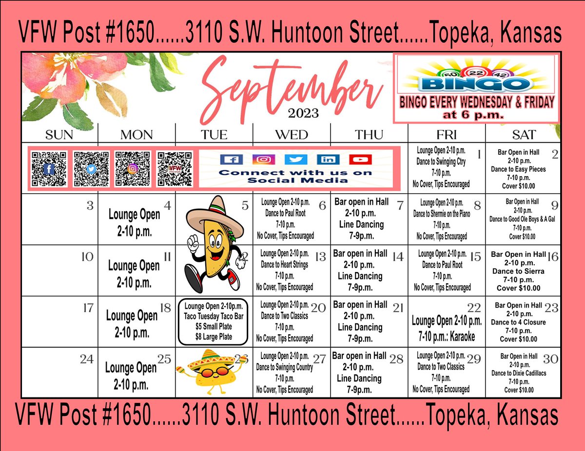 VFWPOST1650's tweet image. We look forward to seeing you at some September events!! 

 #noonedoesmoreforveterans #breakfast #learntolinedance #veterans #topekakansas #vfw #karaoke #tacotuesday #drinkspecials #opentothepublic #friends