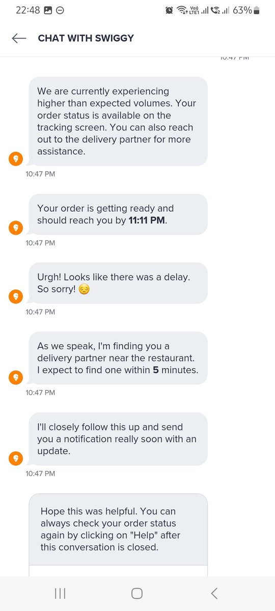 Priyal92's tweet photo. @Swiggy Been waiting for an order for the past 47 minutes and your Bot is neither allowing me to cancel nor speak with a delivery executive. This is horrible service and the updates are ridiculous at best. https://t.co/N3WAZfnSEV