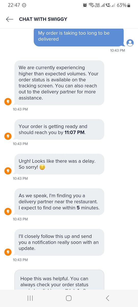 Priyal92's tweet photo. @Swiggy Been waiting for an order for the past 47 minutes and your Bot is neither allowing me to cancel nor speak with a delivery executive. This is horrible service and the updates are ridiculous at best. https://t.co/N3WAZfnSEV