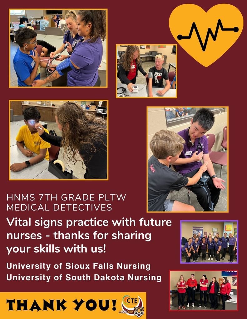 Mrs. Dressler's 7th Grade #CTE PLTW Medical Detectives practiced vital signs with USD & USF Nursing students this week. We are very grateful for their time and we had a great time. Thank you! #TigersWork