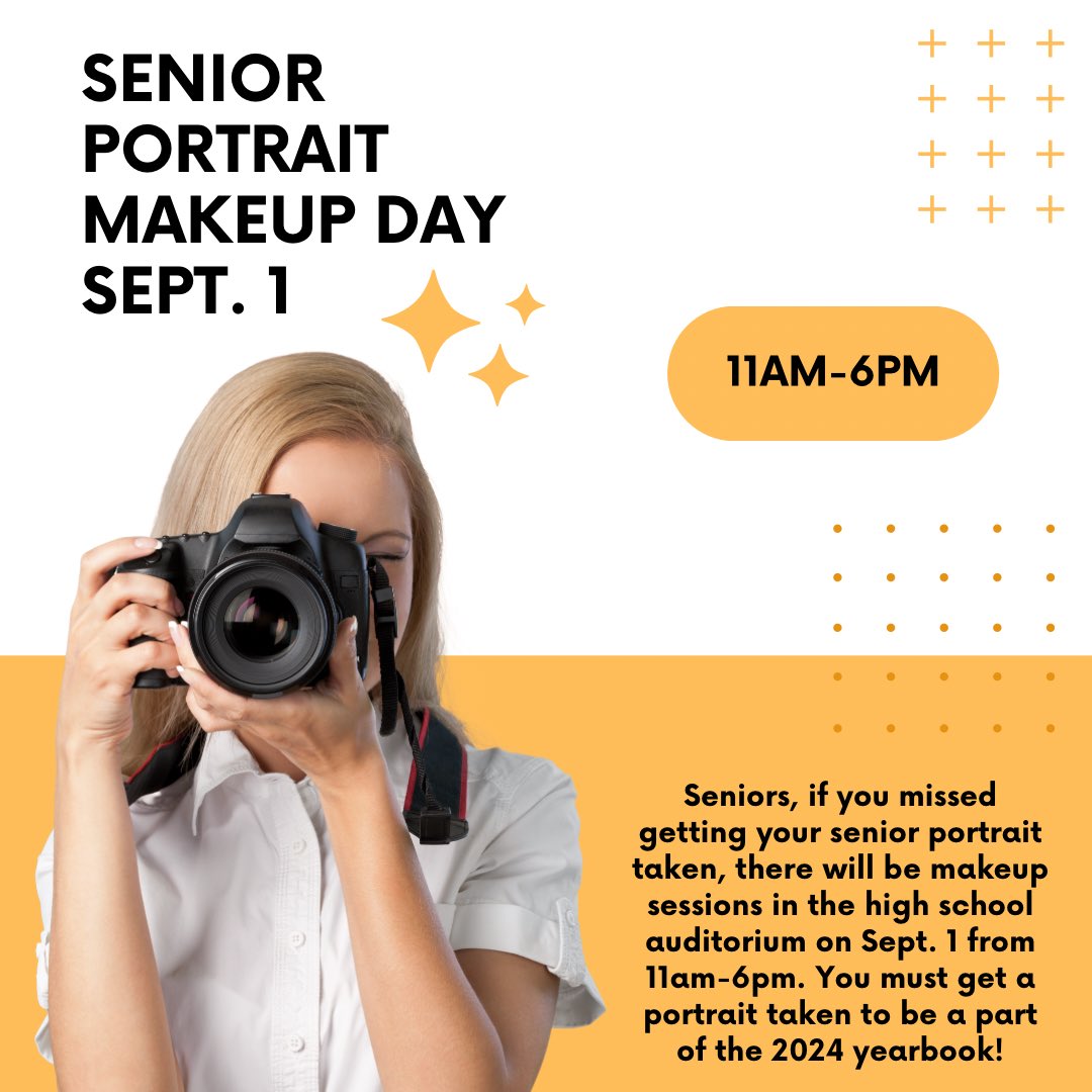 Senior portrait makeup day is September 1 from 11am-6pm. If you missed getting your senior portrait taken, now is the time to get your photo! Seniors must get a portrait taken in order to be featured in the 2024 yearbook.