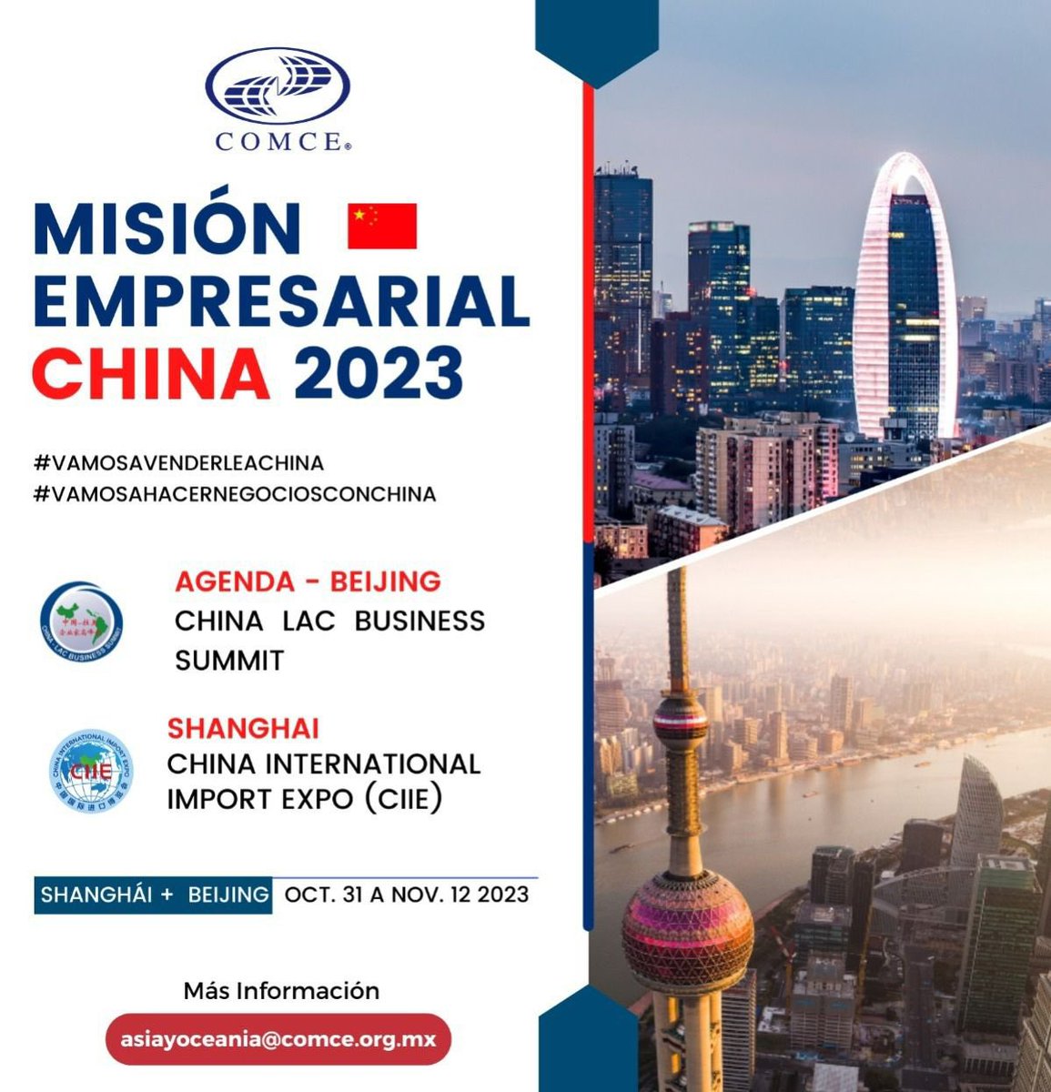 ComceOficial's tweet photo. 🇨🇳 Nos vamos a #venderle a #China
Eres #empresa #mexicana y quieres #exportar a China, participa en la #Misión de #Negocios del #COMCE
⚠️ Últimos lugares⚠️
🗓️Noviembre 2023
Información y registro📩asiayoceania@comce.org.mx
Pabellón México CIIE
Modalidad individual y grupal https://t.co/0O4bkmBgw8