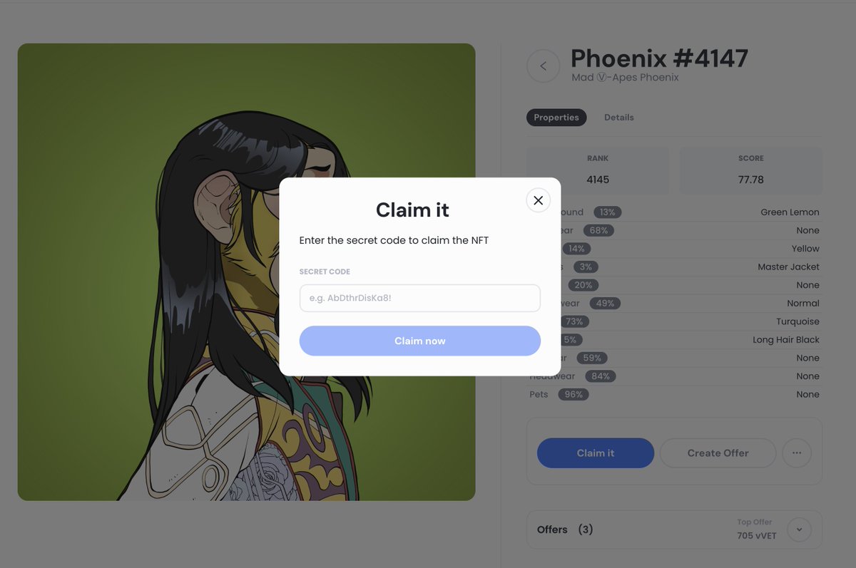 Vetliever's tweet photo. Let's play a game!
"Represents @madvapesnft @vechainofficial and not only"
Get it right to claim a free Phoenix ;)
https://t.co/jjowblhsc9
Share the secret word if you get it right.
$VET #WoV @worldofv_art #MVA https://t.co/q94Bq9K7K1