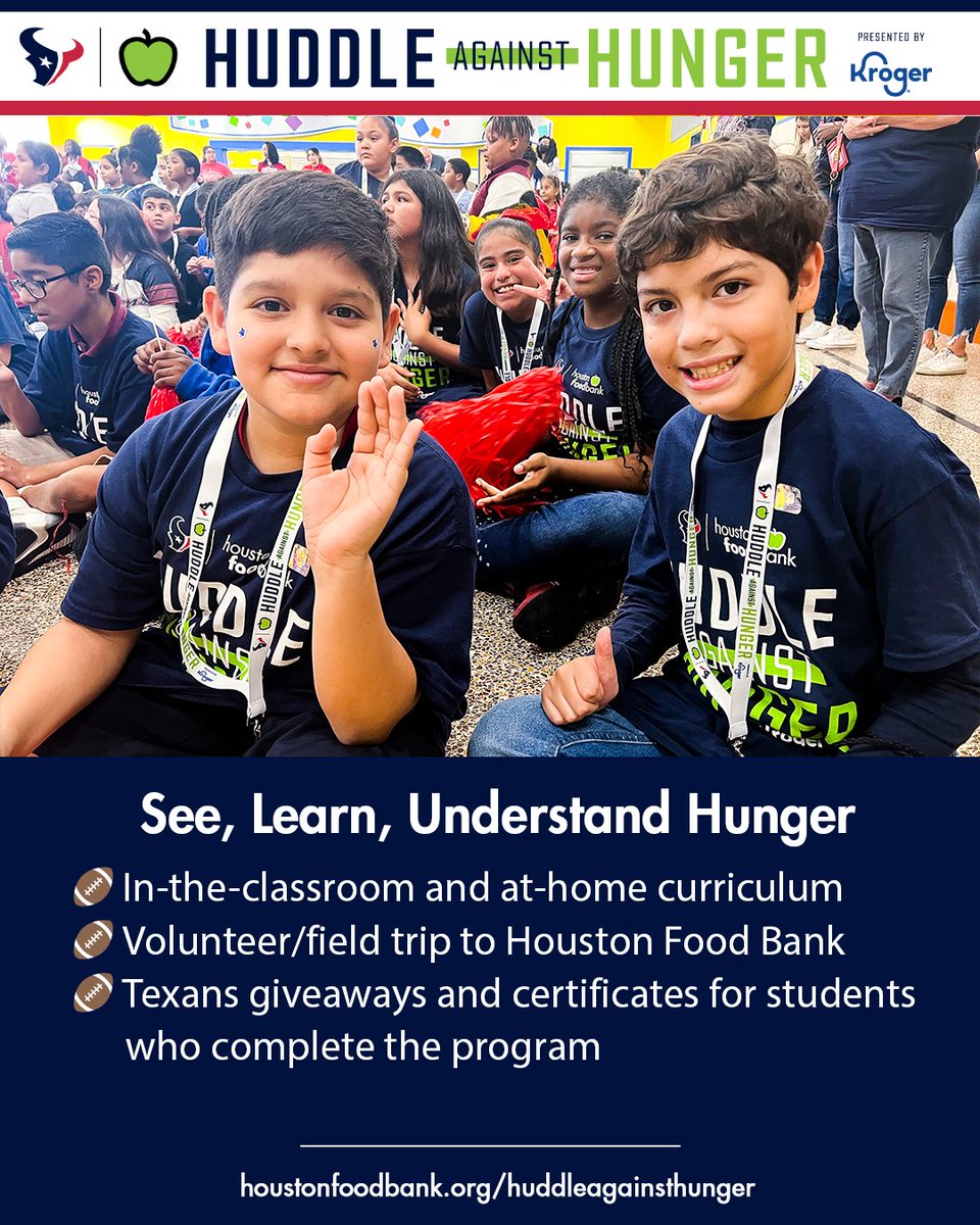 Calling all educators & leaders of children's programs! #HuddleAgainstHunger is a curriculum that creates more empathy & understanding around hunger. It's free & easy to implement at your own pace! Register today & have instant access to the curriculum. 🍏 houstonfoodbank.org/huddleagainsth…