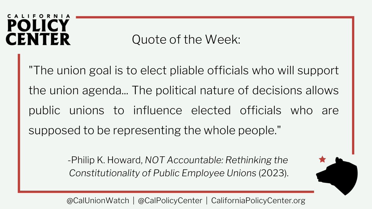 Government unions have a vise-like grip on California politics at the state and local level. And they work against your interests, seeking only more power and money for themselves.

This week's quote courtesy of <a href="/PhilipKHoward/">Philip K. Howard</a>.