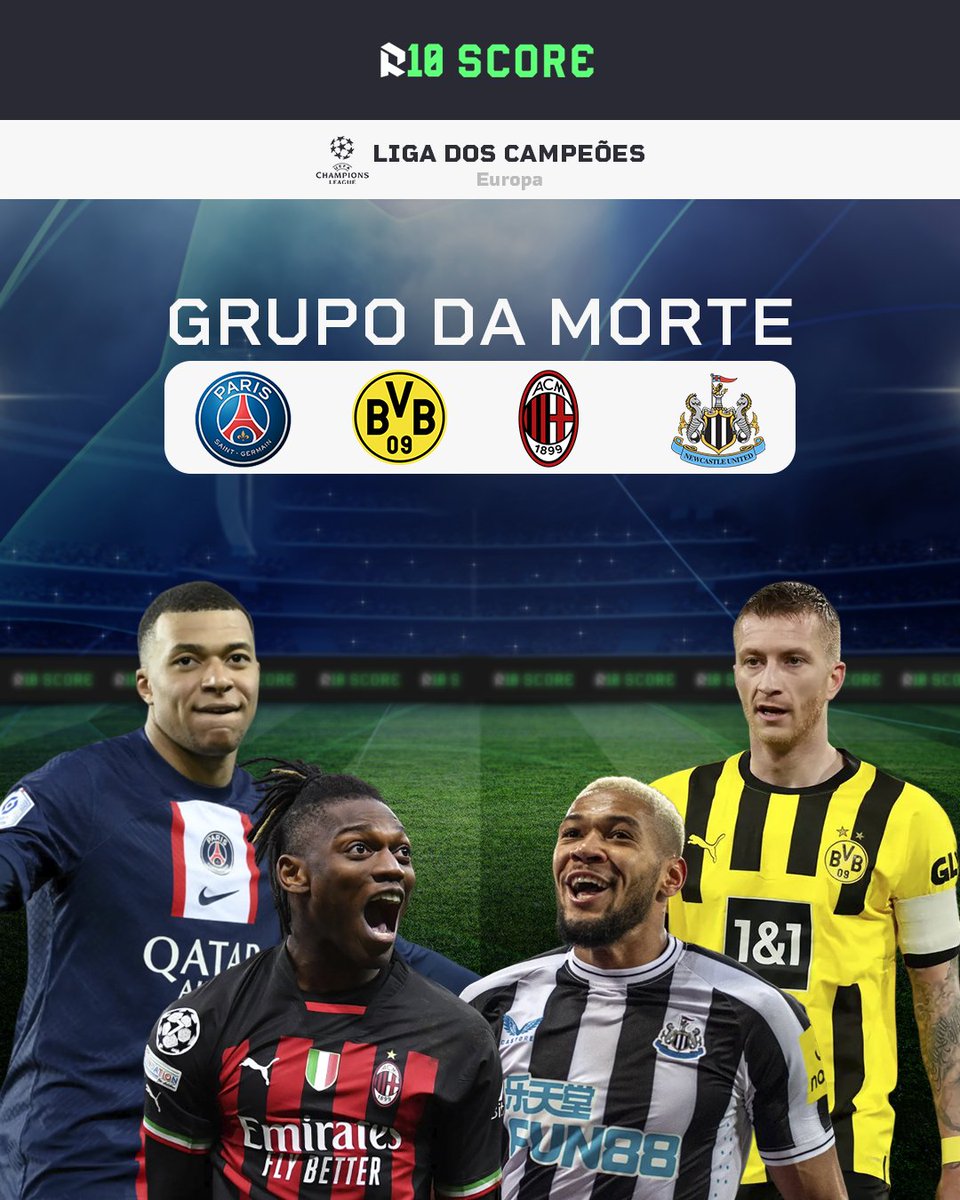 R10Score's tweet photo. O FAMOSO "GRUPO DA MORTE"! ☠️

👉🏻 O Grupo F da Liga dos Campeões conta com PSG, Borussia Dortmund, Milan e Newcastle. 

🫵🏼 Conta aí pra gente: quem são os favoritos desse grupo? https://t.co/1TpYDvzMNI