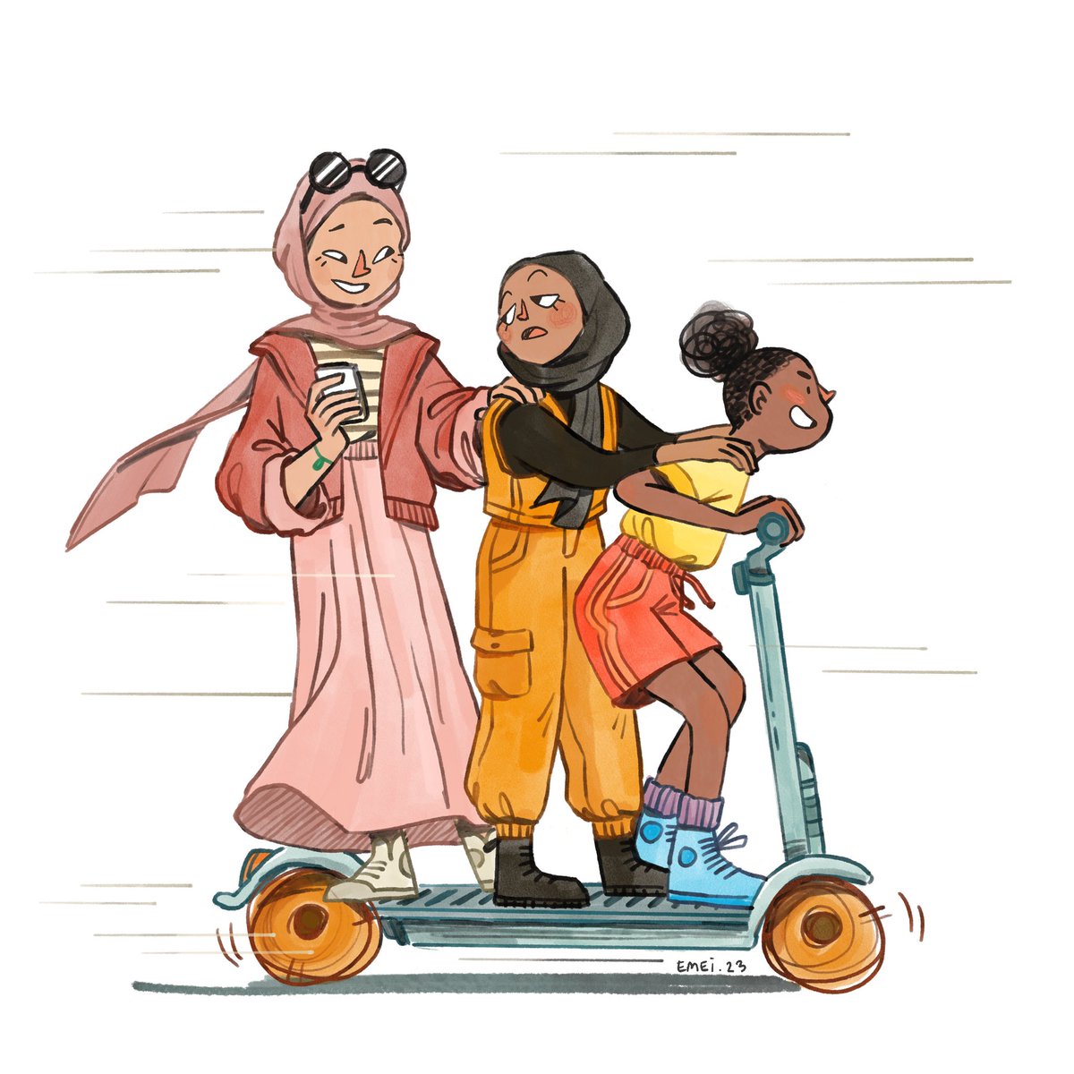 emeiburell's tweet photo. Three girls on a scooter 🌺🌸🌼

#illustration #characterart https://t.co/5OGBkgMd1s