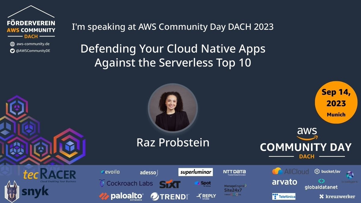 Aviram Shmueli (@aviramsh) on Twitter photo Quick shoutout to an upcoming event! <a href="/AWS/">Amazon Web Services</a> Community Day, DACH, Munich, Germany, September 14th – mark your calendars! Don’t miss <a href="/RazProbstein/">Raz Probstein</a>'s talk: "Defending Your Cloud Native Apps Against The Serverless Top 10." Register: eu1.hubs.ly/H059GC20 #AWSCommunityDay Quick shoutout to an upcoming event! <a href="/AWS/">Amazon Web Services</a> Community Day, DACH, Munich, Germany, September 14th – mark your calendars! Don’t miss <a href="/RazProbstein/">Raz Probstein</a>'s talk: "Defending Your Cloud Native Apps Against The Serverless Top 10." Register: eu1.hubs.ly/H059GC20 #AWSCommunityDay