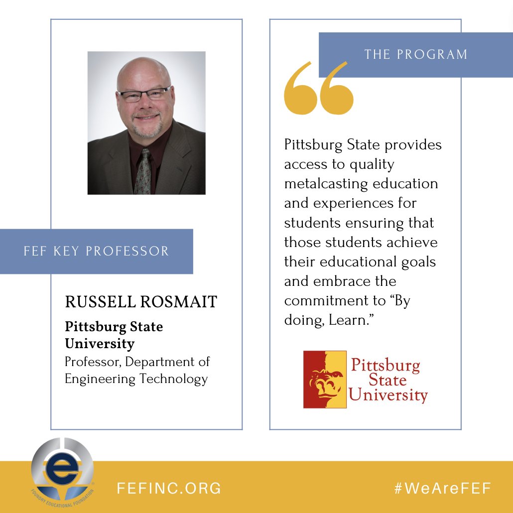 FEF_INC's tweet photo. FEF Key Professor Russell Rosmait shares how Pittsburg State University (@pittstate) approaches education in the Department of Engineering Technology…including the unique experiences offered to students…
#WeAreFEF #FutureofFoundry #FEF #Community #Education #Support https://t.co/UYdEmpFISG