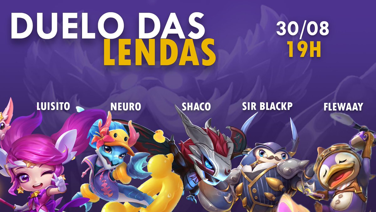 Boa tarde, bbs! 🧙‍♂️
 
Hoje começa o Duelo das Lendas, torneio 4x4 do <a href="/TFToddy_/">Luis Gustavo Hüttl</a> 
Os nossos magos estão prontos pro duelo! 

Players: 
@luisdb7_  
<a href="/oneurocientista/">Marcos Moreira</a> 
@ShacoheheXD 
<a href="/sirblackp/">Thiago (sir blackp)</a> 
@TFTflewaay 

📅 HOJE - 30/08
⏰ 19h00