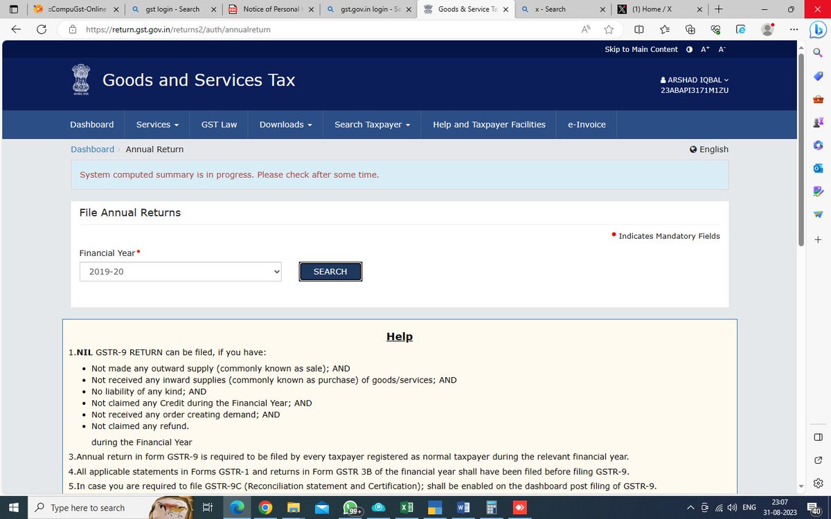 ParthPitalia's tweet photo. All return filed still Portal showing "system computed summary is in progress. Please check after some time." request no. G- 2023083111562914. last date of amnesty scheme 2023 31st August 23. Please solve. Trying Since Yesterday. Plz Extend @Infosys_GSTN @askGST_GoI @GST_Council https://t.co/qsyQUacH1I