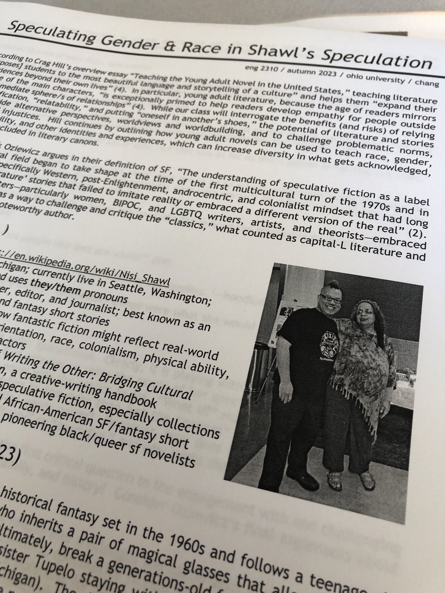 edmondchang's tweet photo. #week1 #eng2310 #YASF class talked about @NisiShawl’s Speculations; thought about “what if?,” fantasy, the magic of the everyday/ordinary; addressed how YA SF by BIPOC folks work “challenging” topics like race, gender, racism, grief… handout incl. a fav pics of them & me! https://t.co/BLlsgSNZgD