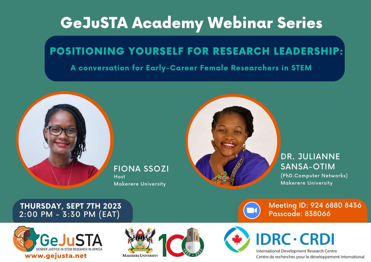 Join @Fssozi and @jsotim for an enlightening conversation on 'Positioning Yourself for Research Leadership.' 🌟 Discover how to pave your path towards impactful research leadership. #WomeninSTEM #ResearchLeadership Be a part of the #GeJuSTAAcademy 👇 gejusta.net/gejusta-member…