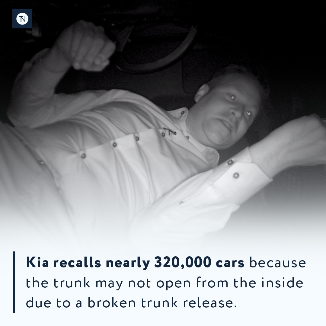 TipNewsBrief's tweet photo. Kia is recalling nearly 320,000 vehicles due to a broken trunk release that could trap people inside. This is the second recall this month by the Korean automaker, following concerns about a defective part that poses fire risks. https://t.co/i0yqhAPn0X