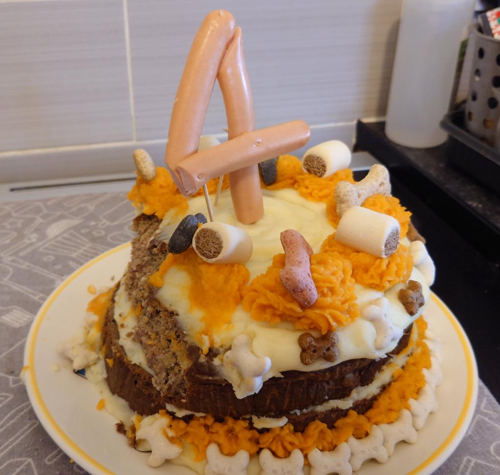 CollieJake's tweet image. Ah heck my food is on fire again
But hu says that's because It's my birthday! 😁 
I've somehow made it to 4! 🎉 

Human made me a cake which is delicious! 😋