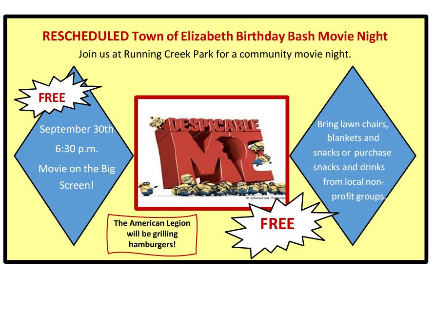 EVENT RESCHEDULED!  Mother Nature kept the Minions away last week, but it wasn't for long.  The movie night has been rescheduled for September 30th.  See you there!  #MyElizabeth #CommunityThroughCommunication