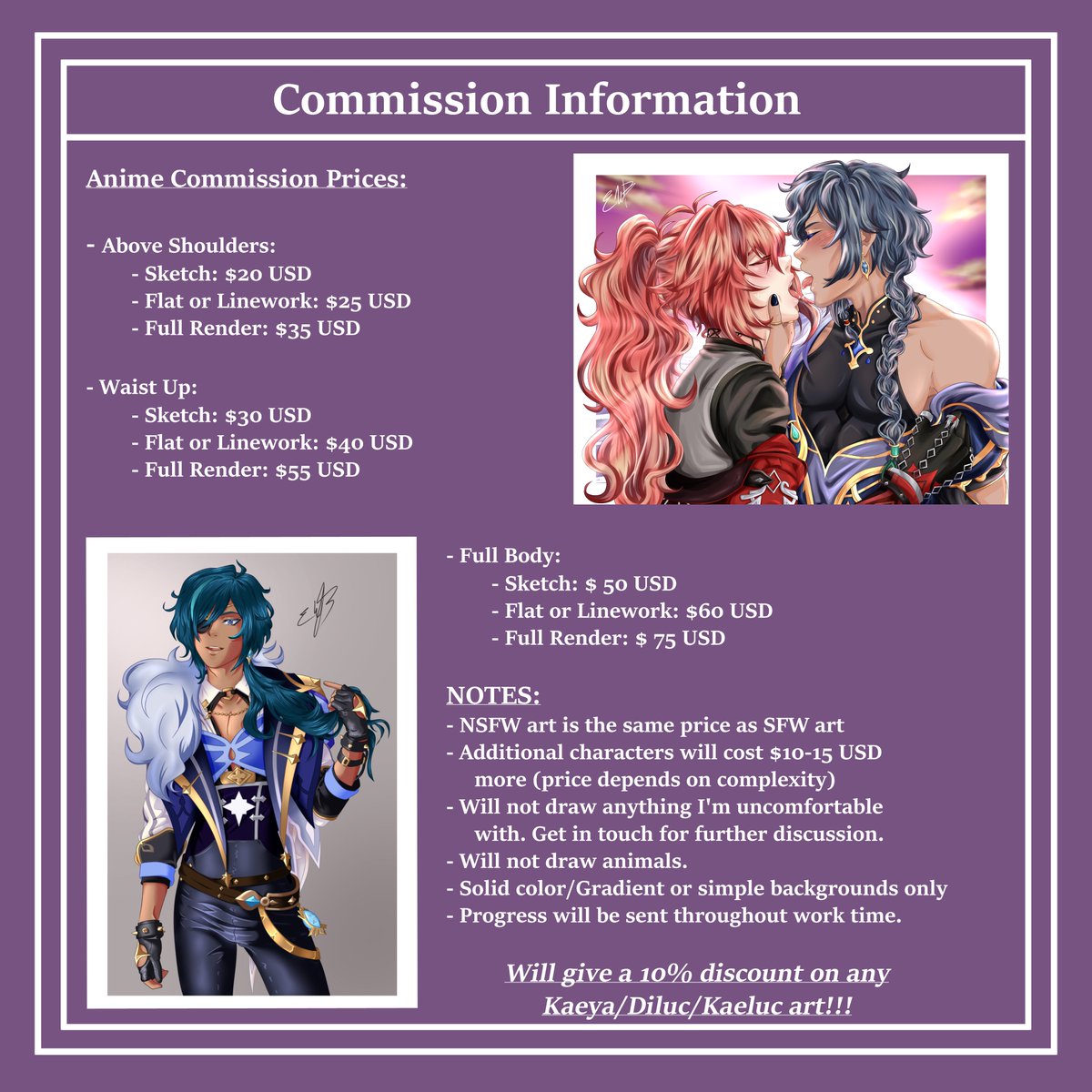 WithoutAN1's tweet photo. Posted this on my SFW account, but NSFW is now an option for commission purchases from me! AND I'm doing a Kaeya/Diluc special too👀 Check out the images below for all the information you need if you're interested in commissioning art from me!
#commissionsopen https://t.co/XOAySHBONb