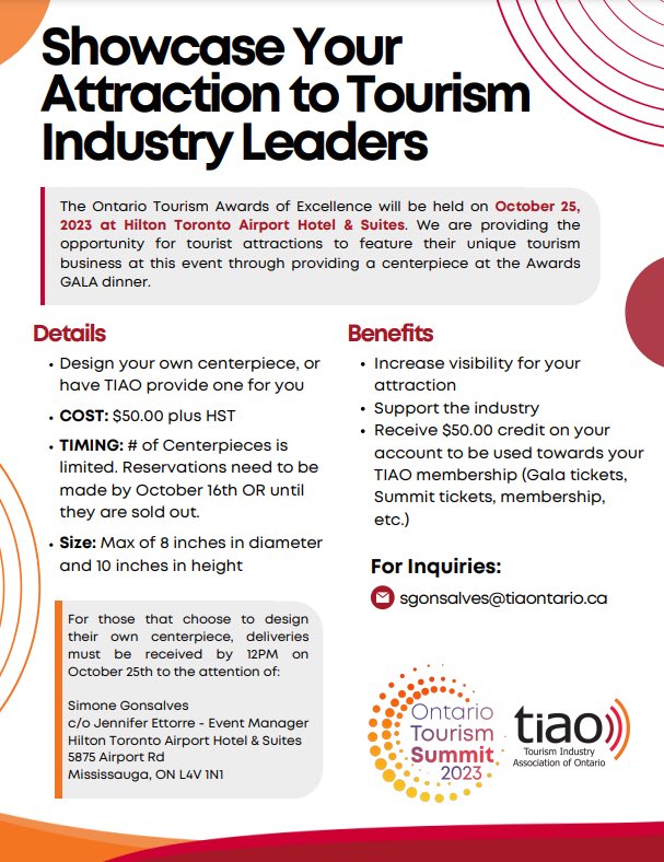 HHBTourism's tweet photo. Attention HHBRTA Operators,

The Tourism Industry Association of Ontario (TIAO) is providing the opportunity for tourist attractions to feature their unique tourism business at the upcoming Ontario SUMMIT event through providing a centerpiece at the Awards GALA dinner. https://t.co/gwVMUBAbM9
