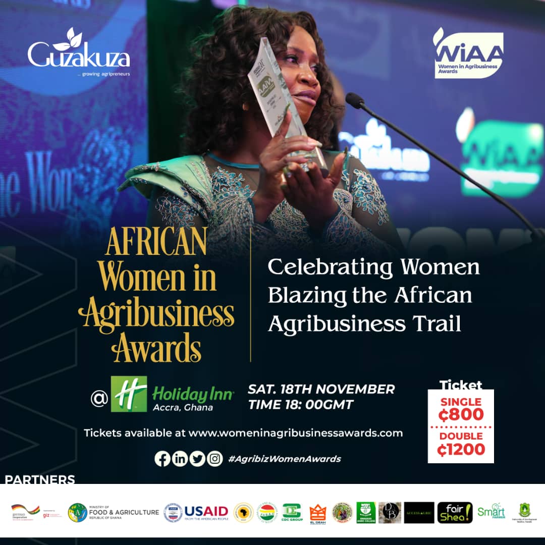 The African Women in Agribusiness Awards night is fast approaching and preparations are underway.

We are happy to announce that ticket sales have officially begun. 

Check flyer for more info.

Do not delay; Limited seats available.
For more information, contact +233 24 337 4973