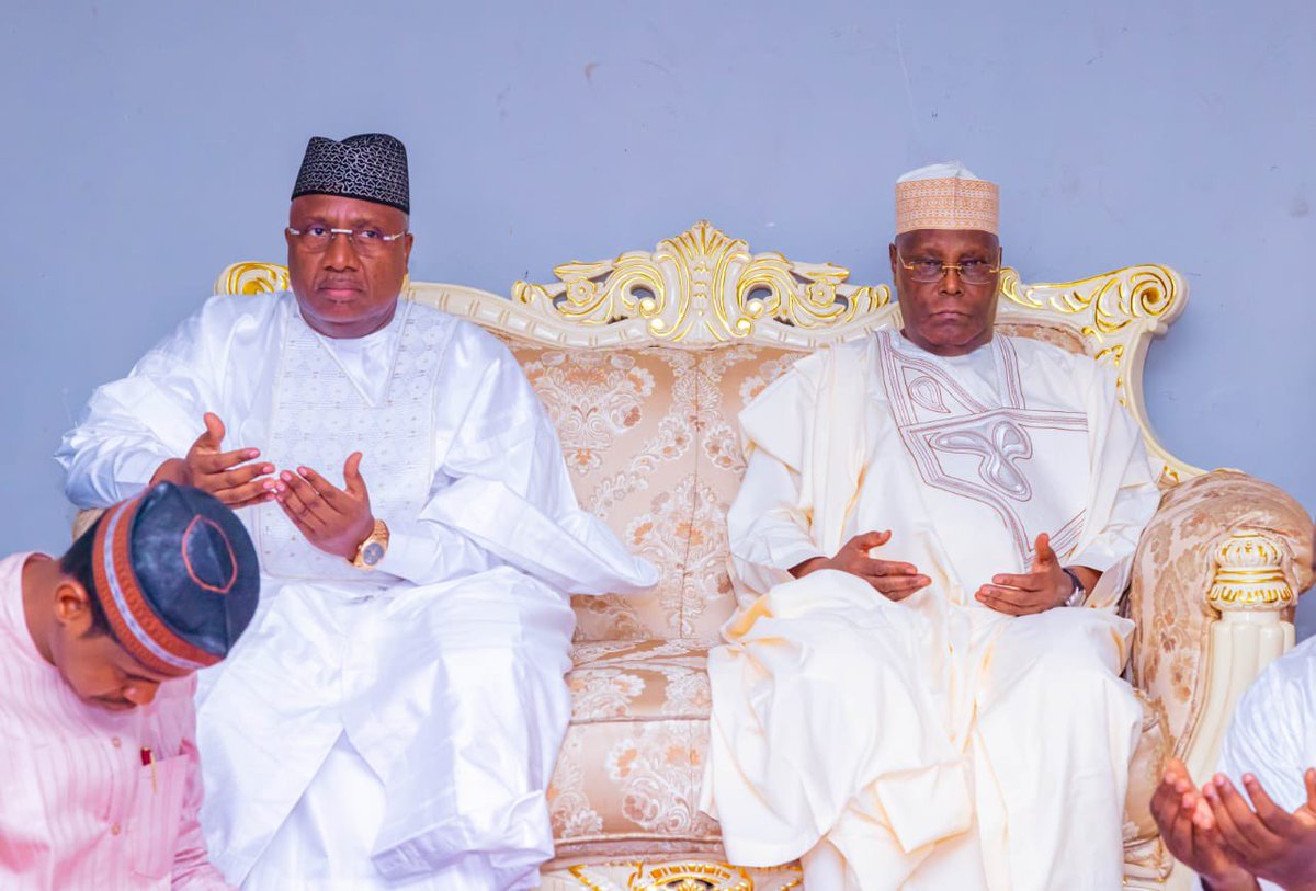 atiku's tweet photo. Inna Lillahi Wa Inna Ilayhi Raji un. 

Earlier today, I led a delegation that included former governor of Adamawa State, Alhaji Bindow Jubrilla, friends, associates, and my principal staff to pay my condolences to the family of my late Principal Secretary, Barr. Abdullahi Nyako over the passing away of the matriarch of the family, Hajia Fadima Abdullahi Nyako. We were received by Kamal Nyako. We prayed that Allah would have mercy on her and grant her rest in paradise. -AA