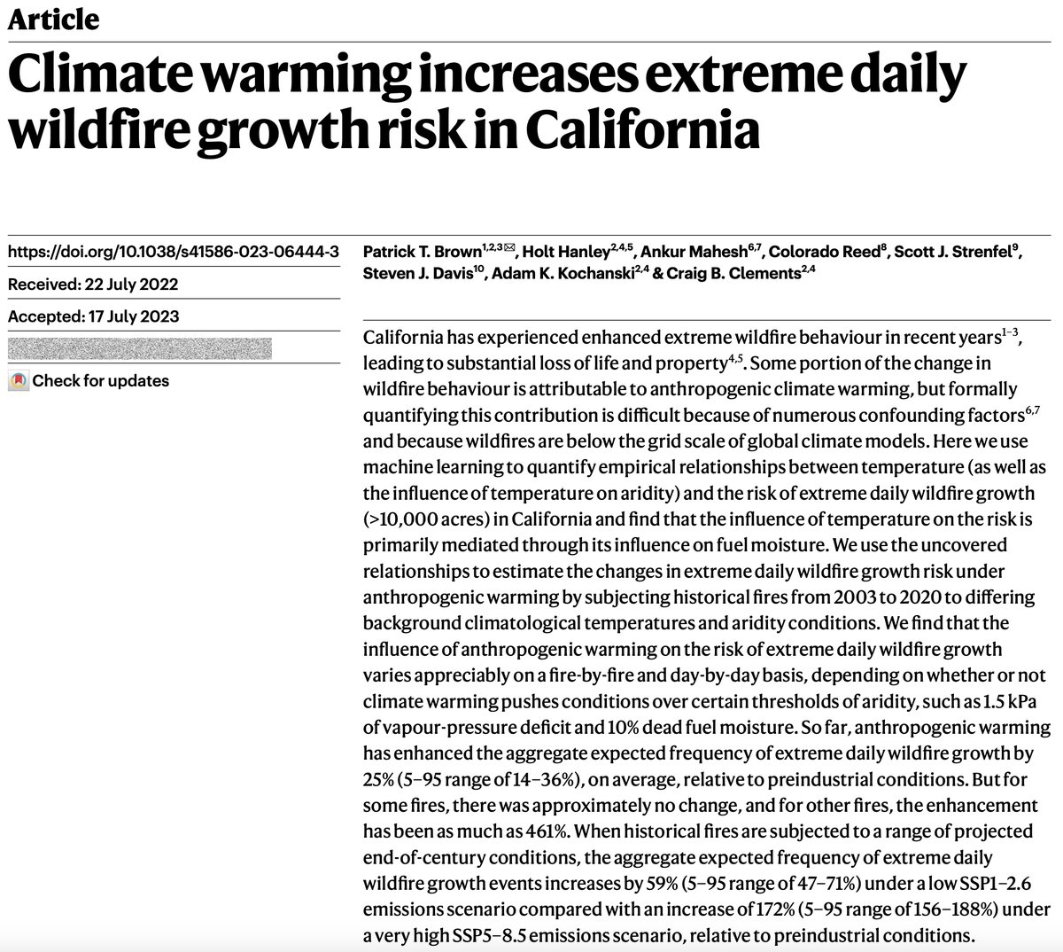 SJSU FireWeatherLab (@fireweatherlab) on Twitter photo We have a new paper out in <a href="/Nature/">nature</a> on the role that human-caused climate change is playing in changes in extreme wildfire behavior, at the daily timescale, in California. <a href="/PatrickTBrown31/">Patrick T. Brown</a> <a href="/wildfirecenter/">Wildfire Interdisciplinary Research Center</a> <a href="/SJSU/">San José State University</a> We have a new paper out in <a href="/Nature/">nature</a> on the role that human-caused climate change is playing in changes in extreme wildfire behavior, at the daily timescale, in California. <a href="/PatrickTBrown31/">Patrick T. Brown</a> <a href="/wildfirecenter/">Wildfire Interdisciplinary Research Center</a> <a href="/SJSU/">San José State University</a>