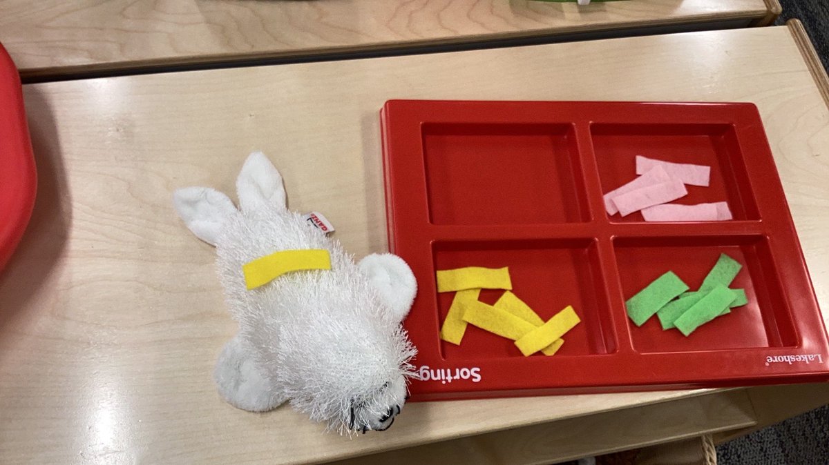 Ss put felt bad aids on stuffed animals to practice colors, body parts, following directions, kindness and empathy. Now that we learned it in small group, the activity will be placed in the pretend play center for independent practice! <a href="/NKCEarlyed/">NKC Schools Early Education</a>