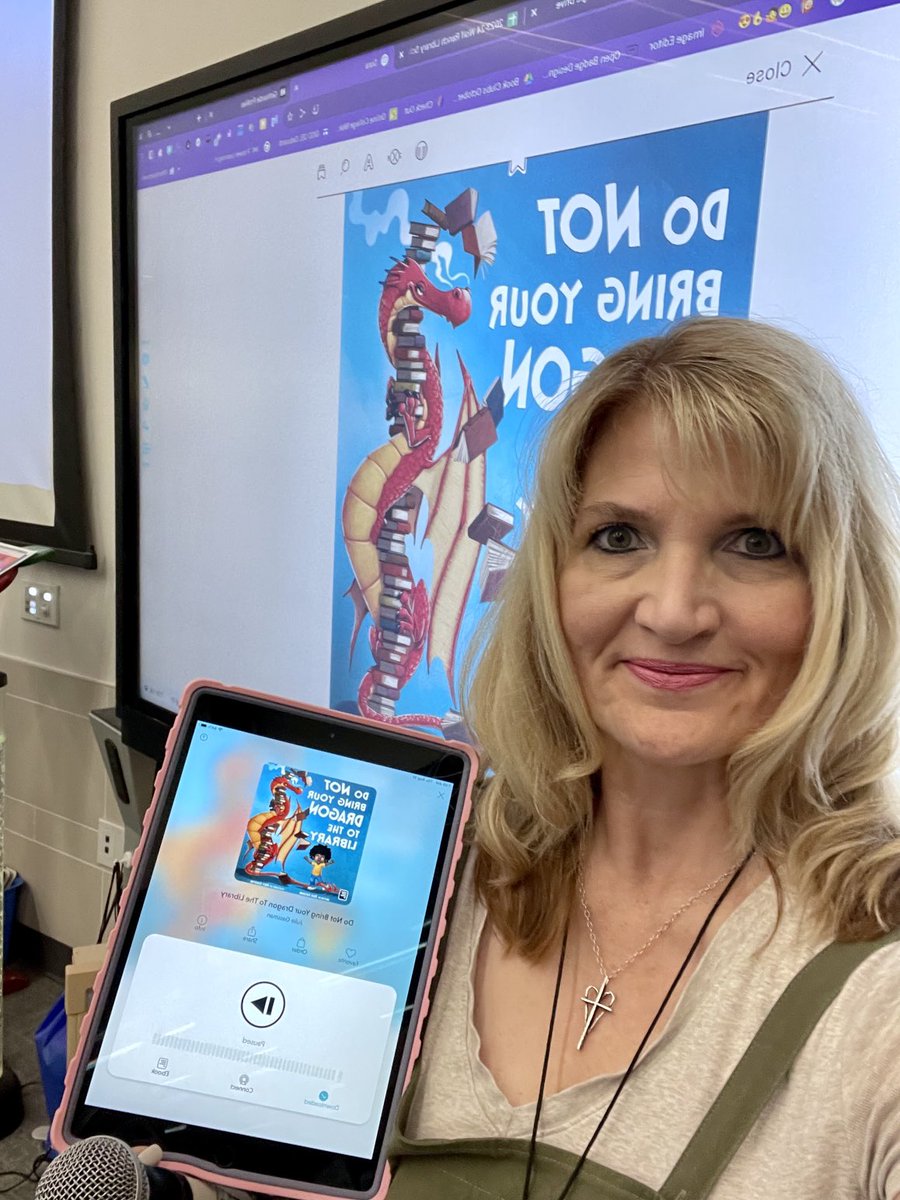 wre_library's tweet photo. I read  Don’t Bring Your Dragon to the Library by Julie Gassman in the eBook format on @sorareadingapp and used @novel_effect for sound effects⁦@WolfRanchElem⁩  Pioneers loved hearing the dragon roar &amp; knew catching a book on fire was not demonstrating being responsible https://t.co/m2jTMqmHGz