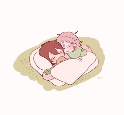 sleeping closed eyes chibi pillow brown hair short hair pink hair  illustration images