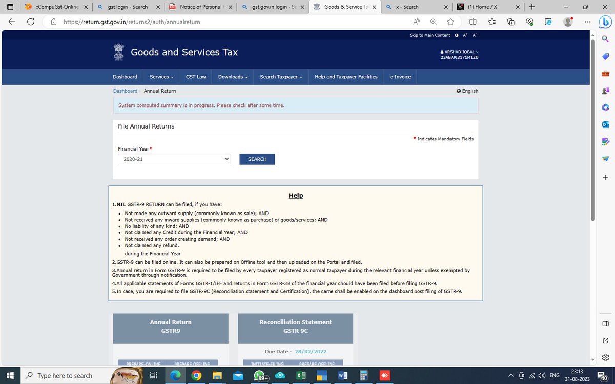 ParthPitalia's tweet photo. All return filed still Portal showing "system computed summary is in progress. Please check after some time." request no. G- 2023083111562914. last date of amnesty scheme 2023 31st August 23. Please solve. Trying Since Yesterday. Plz Extend @Infosys_GSTN @askGST_GoI @GST_Council https://t.co/qsyQUacH1I